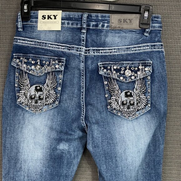 Sky Premium Women's Size 13 Blue Bootcut embellished Angel Wings Skull Jeans - Picture 3 of 12